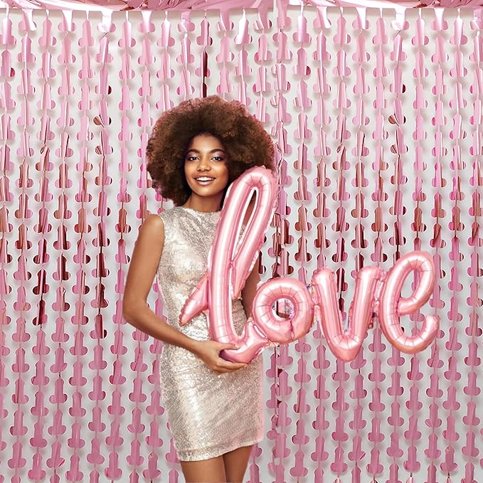 Bachelorette Party Decorations Foil Fringe Curtain, 2-Pack Girls Night Supplies Funny Metallic Streamers, Naughty Tinsel Backdrop for Hen Parties Bridal Shower Adult Birthday (Pink)