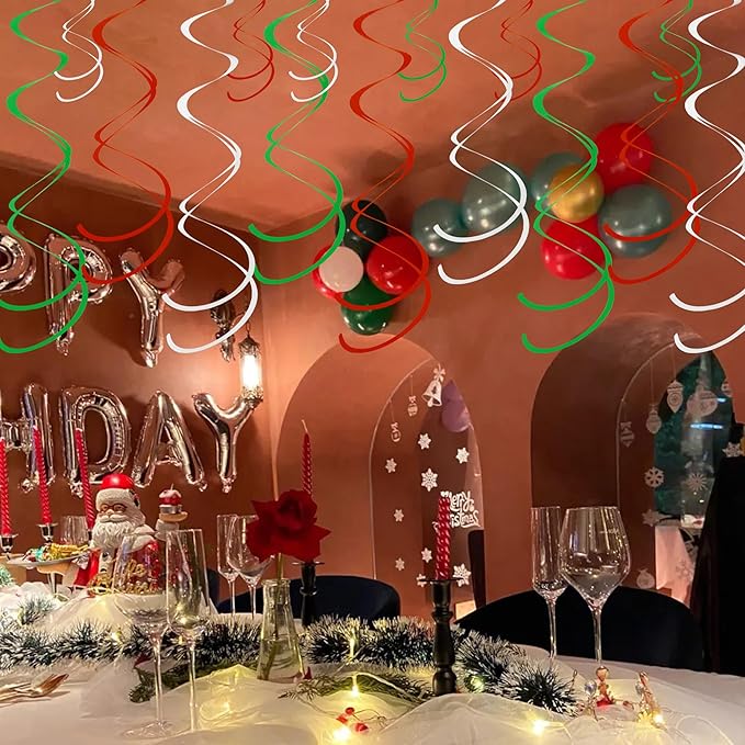 Colorful Ceiling Swirl Foil Decorations Hanging Plastic Streamer Themed Swirl Party for Graduation Celebration, Pack of 28 (Red, Green and Sliver)