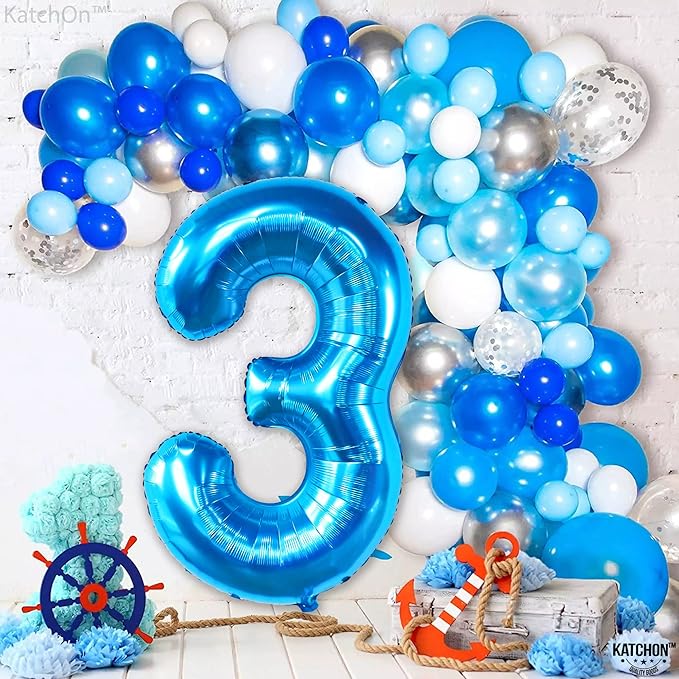 KatchOn, Giant Blue Number 3 Balloon - 40 Inch | Baby Shark Birthday Decorations Girls and Boys| Number Three Balloons for Under The Sea Party Decoration | Blue 3 Balloon, 3rd Anniversary Decorations