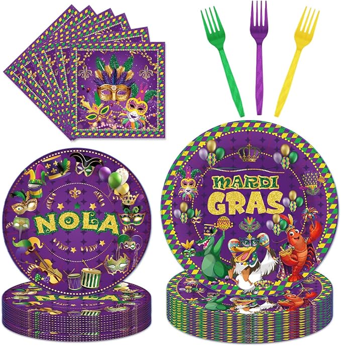 96Pcs Carnival Nola Paper Plates Napkins Forks Carnival Theme Party Decorations Tableware Set Mask Fat Tuesday Party Supplies Serve 24 Guests