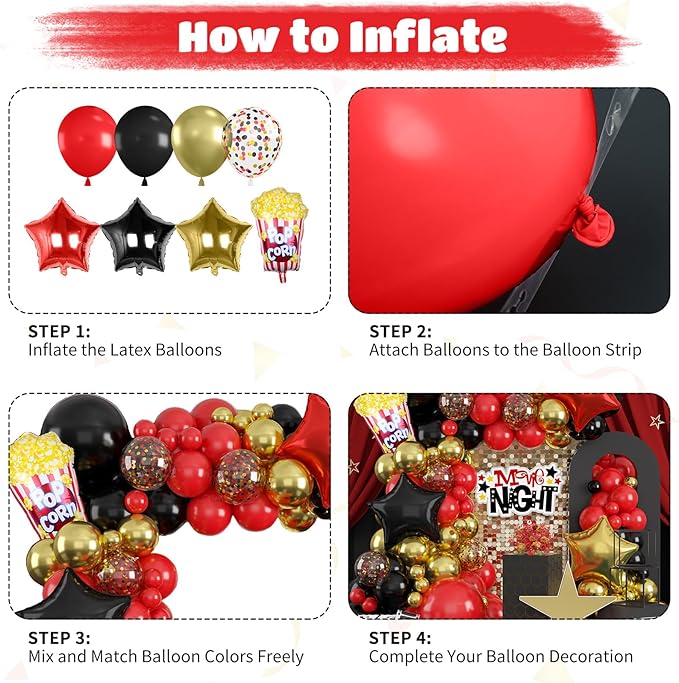 Movie Night Balloon Garland Arch Kit, Red Black Metallic Gold Confetti Balloons with Star Foil Popcorn Balloons for Birthdays Movie Theme Film Party Anniversaries Decorations