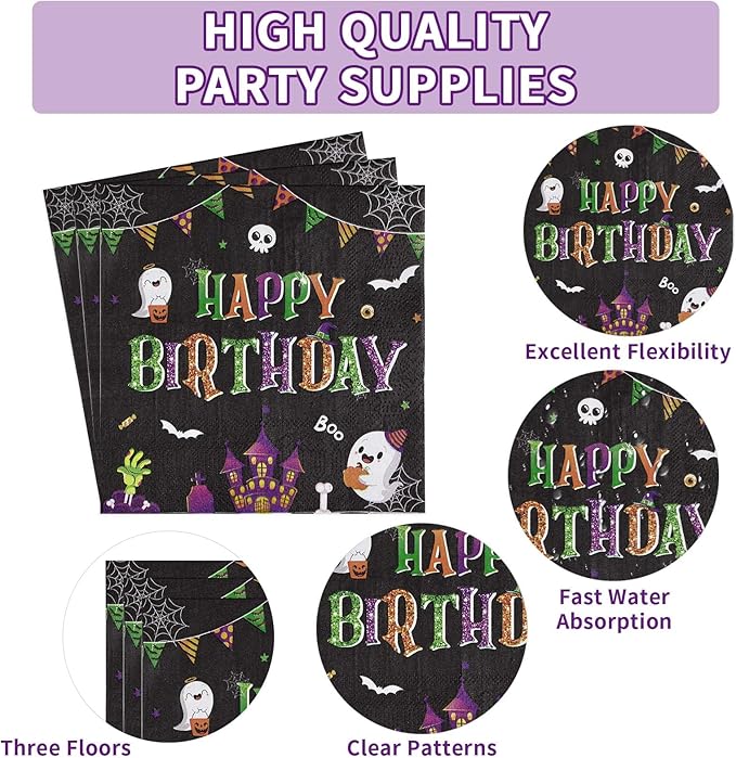 96Pcs Halloween 1st Birthday Party Supplies Spooky One Party Plates and Napkins Halloween Cartoon Ghost Black Purple Tableware Set for Boys or Girls First Birthday Decorations, Serves 24