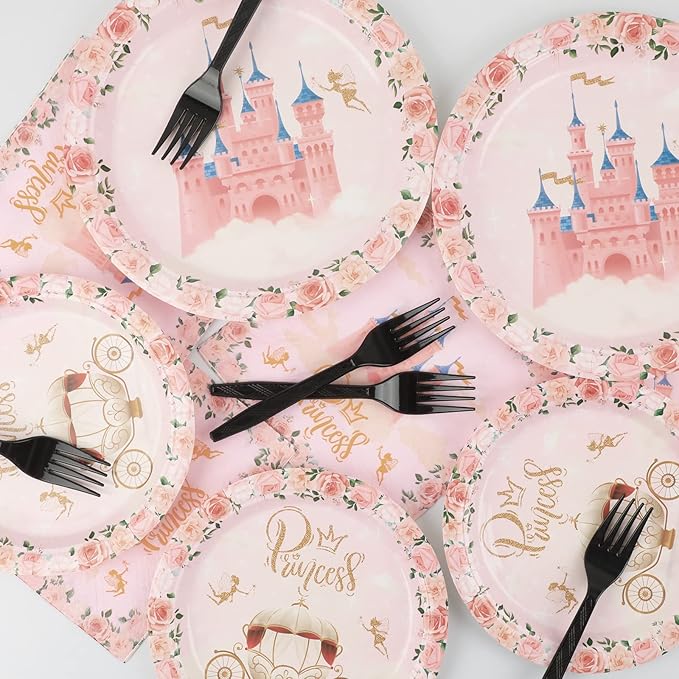96 Pcs Princess Party Supplies - Pink Floral Tableware Set With Plates and Napkins for Girls Birthday Baby Shower - Decorations and Favors Serving 24