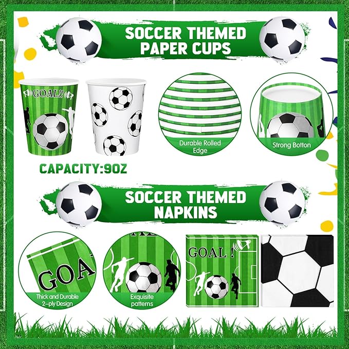 Domensi 200 Pcs Soccer Birthday Party Supplies for 50 Guests Includes 7 Inch 9 Inch Soccer Paper Plate 9 oz Disposable Cups and Napkins for Soccer Party Tableware Set