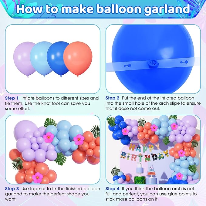 Stich 131Pcs Balloon Birthday Party Decorations - Blue Purple Arch Kit with Happy Birthday Banner, Palm Leaves, Flowers for Kids, Baby Shower, Tropical Party Supplies