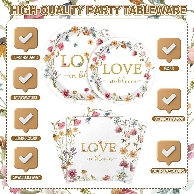 24 Set Love Is in Bloom Wildflower Bridal Shower Decorations Tableware Set Floral 9" 7" Paper Plates Cups Napkins Party Supplies Elegant Dinnerware for Bridal Shower Wedding Birthday Party