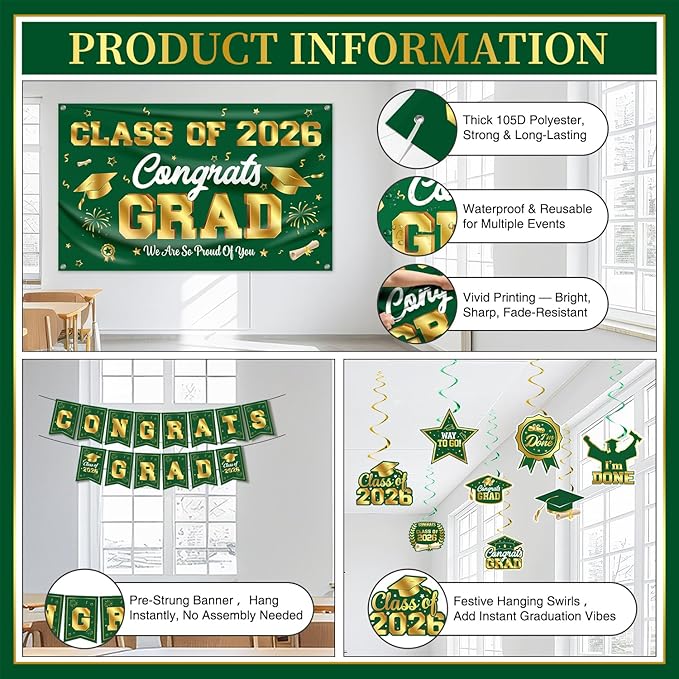 Graduation Decorations Class of 2026 Green and Gold Graduation Party Decor Set include Congrats Grad Banner Backdrop Class of 2026 Balloons Party Supplies