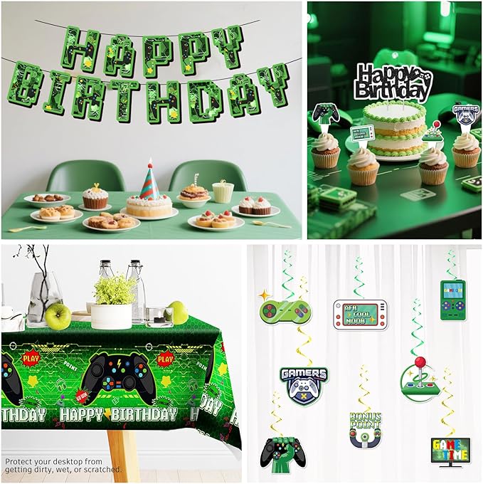 174 Pcs Video Game Birthday Decorations Tableware Set with Plates and Napkins, Serves 25, 2 Tablecloths, Banner, Cake Toppers, for Boys Gamer Birthday Party Decorations, Green