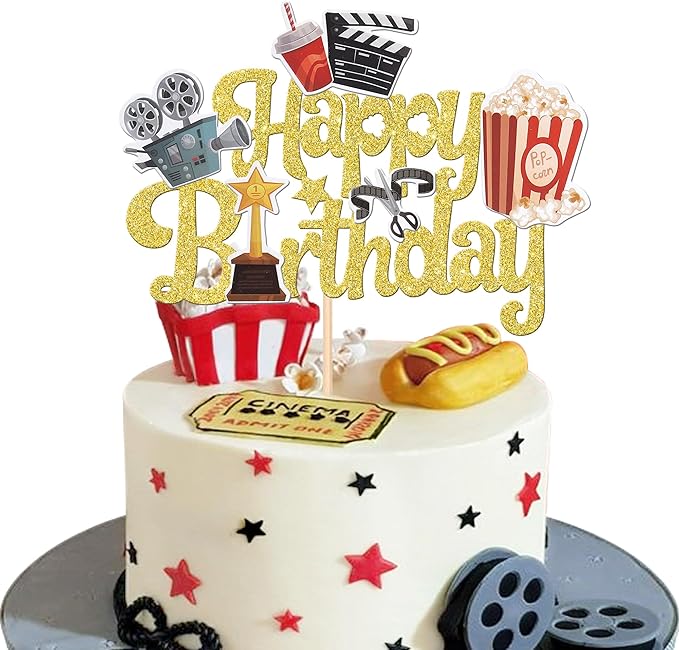 1 PCS Movie Happy Birthday Cake Topper Glitter Roll Camera Video Recorder Popcorn Movie Night Cake Pick for Hollywood Theme Film Festival Baby Shower Birthday Party Cake Decorations Supplies Gold