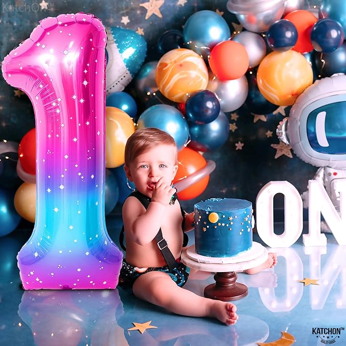 KatchOn Giant Rainbow Number 1 Balloon - 40 Inch | Number One Balloon for 1st Birthday Decorations for Girl | Galaxy 1 number Balloons | First Birthday Decorations for Girl