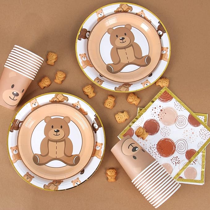 Brown Teddy Bear Baby Shower Plates - Teddy Bear Paper Plates,Disposable Cups,Napkin with Firework Pattern in Golden Border for 24 Bear Theme Party Supplies ,Baby Shower Wedding Birthday Party
