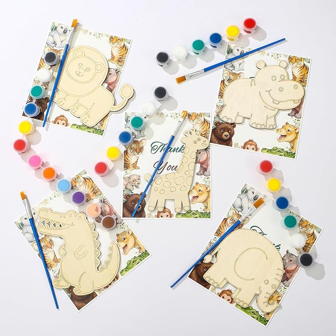 Winrayk 136Pcs Safari Party Favors Jungle Birthday Supplies for Kids, Wooden Painting Kit with Card/ Tote Bag/ Paper Glasses/ Keychain/ Tattoo Sticker/ Animal Sticker, Wild One Party Favors Decor