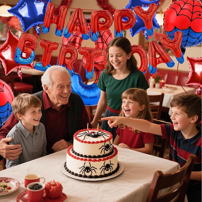 Spider Themed Happy Birthday Banner Party Decorations Set Including 40 Inch Number 3 Foil Balloons, Themed Party Essentials, Colorful Superhero Backdrop Supplies for Boys Indoor Outdoor Celebration
