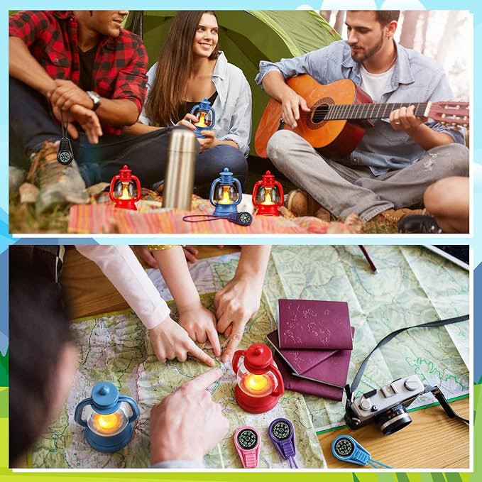 VIHOSE 24 Pcs Camping Party Favors Set Happy Camper Party Gifts with Mini Camp Compasses and Mini Camp Lamps for Camping Adventure Outdoor Hiking Supplies