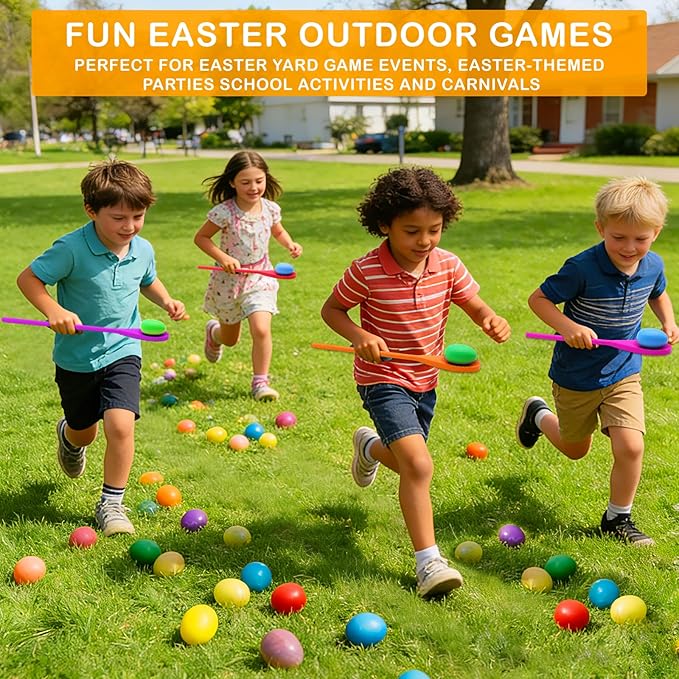 TOPLEE 20 Pcs Easter Egg and Spoon Race Game Set, 10 Players Balance Relay Easter Games Include 10 Eggs and Wooden Spoons for Kids Family Carnival Outdoor Games Holiday Birthday Party Supplies