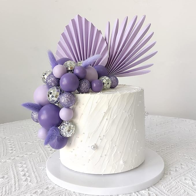 38 PCS Balls Cake Toppers Palm Leaves Cake Decorations for Birthday Wedding Baby Shower Party Supplies (Purple)