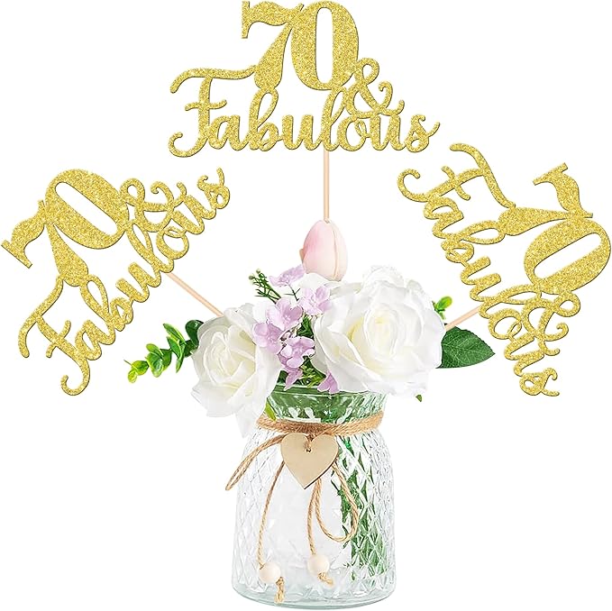 12 PCS 70 and Fabulous Centerpiece Sticks Double Sided Happy 70th Birthday Table Flower Centerpieces Sticks Cheers to 70 Floral Decorations for 70th Birthday Anniversary Party Supplies Gold