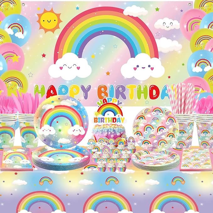 Rainbow Birthday Party Decorations - Rainbow Party Supplies including Backdrop, Plate, Cake Topper, Cup, Napkin, Balloon, Tablecloth - Serves 20