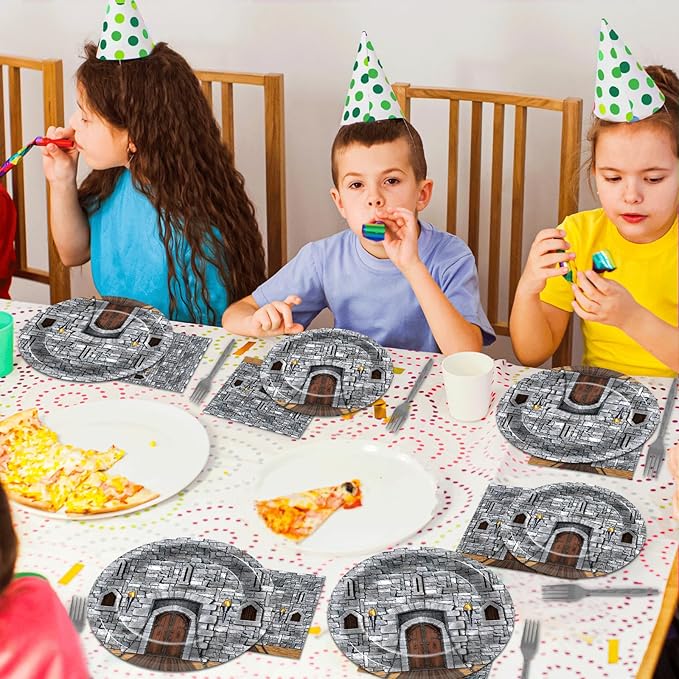CHUNNIN 96PCS Medieval Plates Napkin Halloween Castle Party Decorations Castle Knight Birthday Dessert Plates Medieval Themed Tableware Set for 24 Guests Kids Birthday Baby Shower Party Supplies