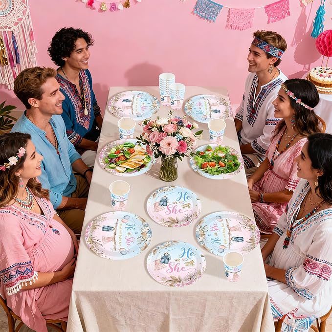 168Pcs Boho Gender Reveal Party Decorations He Or She Pink Blue Plates Napkins Cups Forks Knives Spoons Disposable Paper Tableware for Boy Or Girl Baby Shower Party Supplies Serves 24
