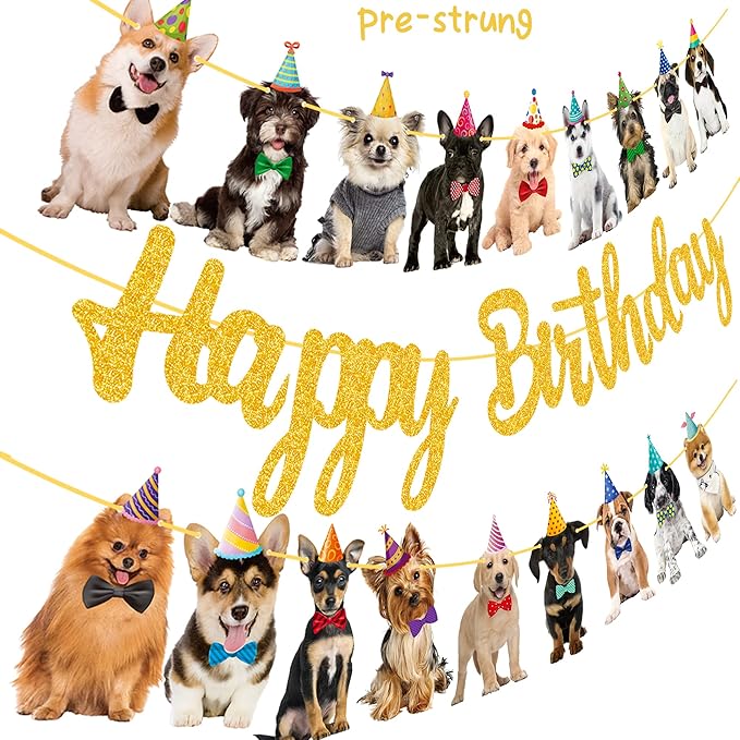 Dog Happy Birthday Banner Decorations Baby Birthday Party Supplies Gold Glitter Puppy Birthday Banner for Pet Dog Theme Party Bunting Decoration Baby Shower Party Supplies