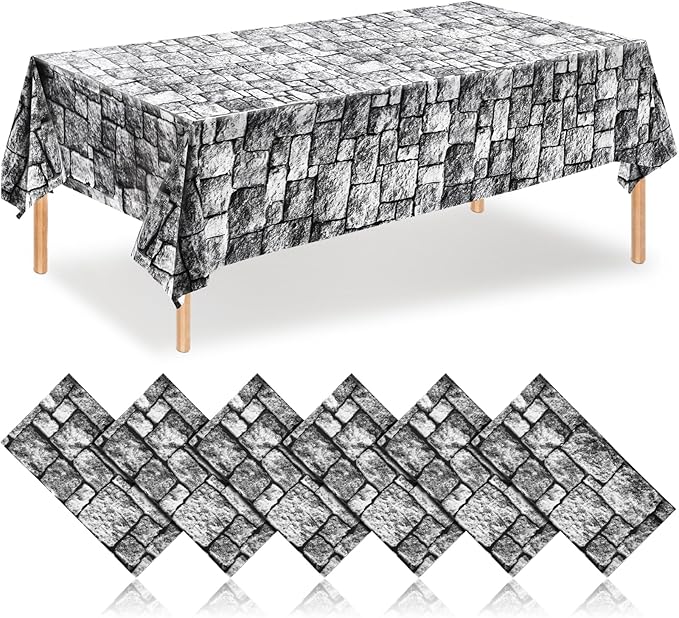 Irenare Halloween Stone Wall Tablecloths, Medieval Castle Party Decorations Supplies Disposable Plastic Brick Stone Tablecloth Brick Wall Table Covers for Birthday Party Favors(6 Pack,108 x 54 Inch)