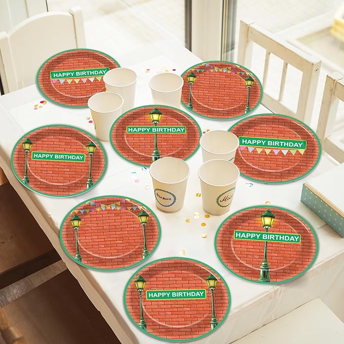 48Pcs Red Brick Wall Street Birthday Party Supplies 7" Modern Cartoon Street Paper Plates Disposable Dessert Plates Dinnerware Tableware for Birthday Baby Shower Kids Cartoon Theme Party Decorations