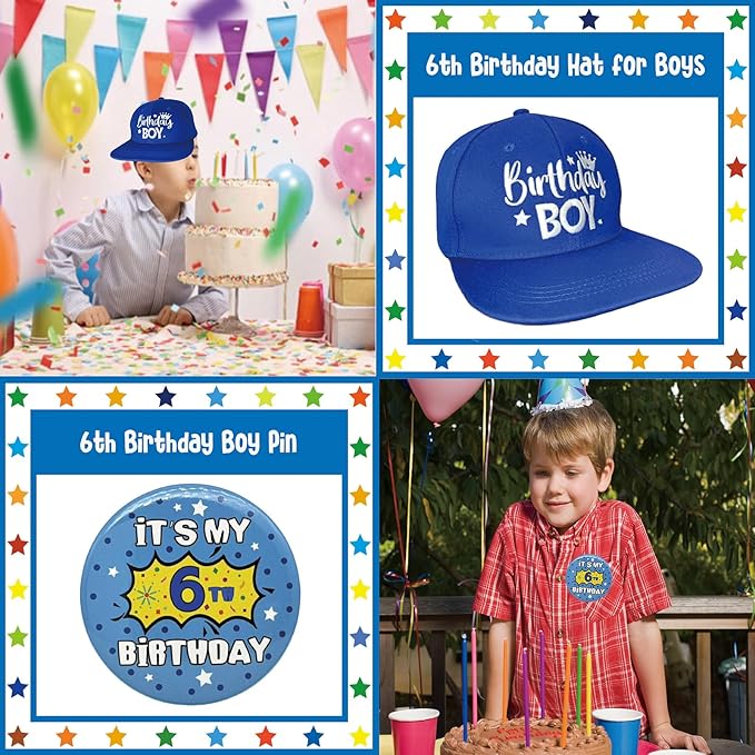 ZomefinKiu 6th Birthday Party Supplies for Boys - Hat, Badge, Decorations, and 6 Year Old Outfit