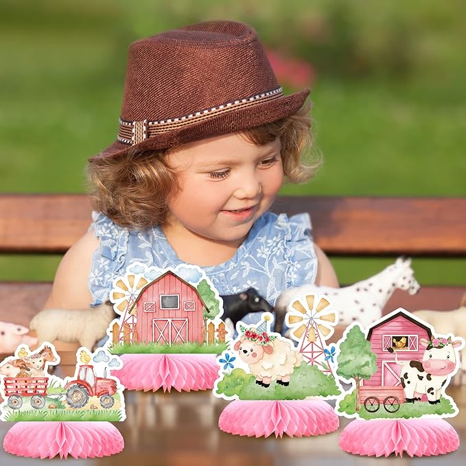 10 Pcs Pink Farm Animals birthday Party Supplies Girl Pink Barnyard Decorations Farm Animal Honeycomb Centerpiece for Table Baby Shower Party Decorations