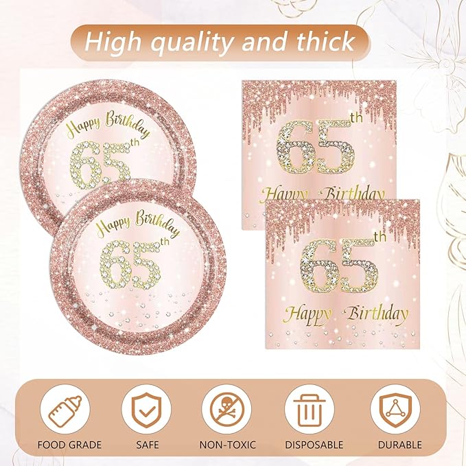 65th Birthday Decorations for Women,Rose Gold 65th Birthday Plates and Napkins,Tablecloth,65 Year Old Tableware Party Supplies Disposable Dinnerware Table Decor Favors for Women 1961 Party Supplies