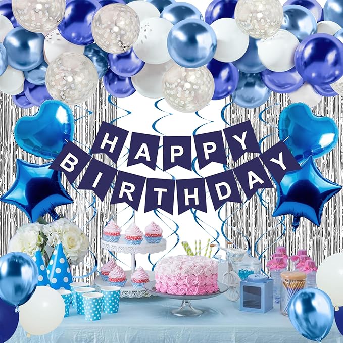 Blue Birthday Decorations for Boys Men - 50 PCS Blue Party Decorations include Happy Birthday Banner Silver Fringe Curtain Heart Star Balloons and Hanging Swirls for Birthday Party Supplies