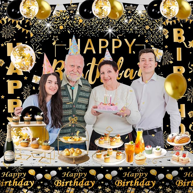 Black and Gold Birthday Decorations for Men Women, 37pcs Black and Gold Party Decorations with Backdrop, Tablecloth, Confetti Balloons, Banner, Balloon Arch Kit for Birthday Party