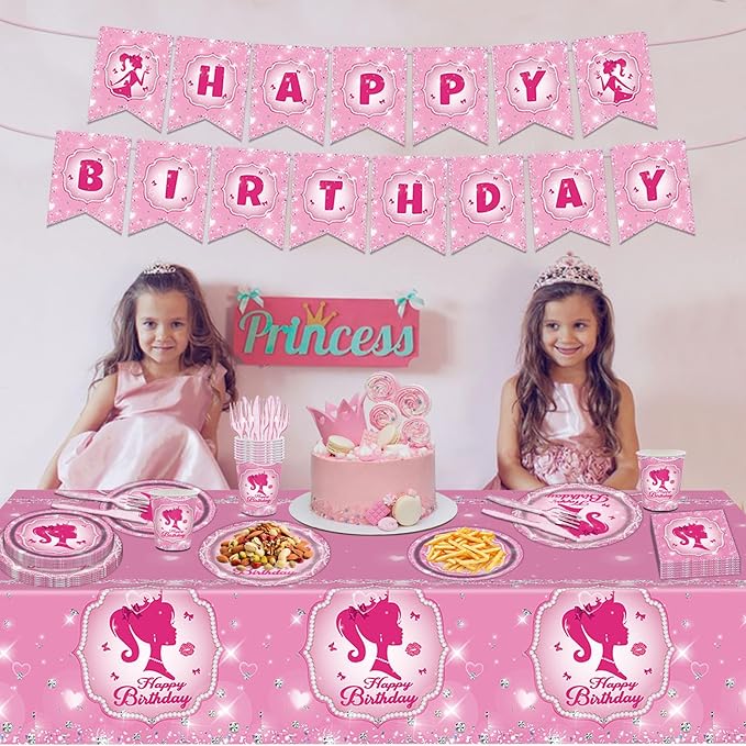98PCS Pink Girl Birthday Party Supplies Hot Pink Party Tableware Set Sweet Girls Birthday Baby Shower Decorations Princess Paper Plates and Napkins Set Tablecloth Banner Serve 16 Guests