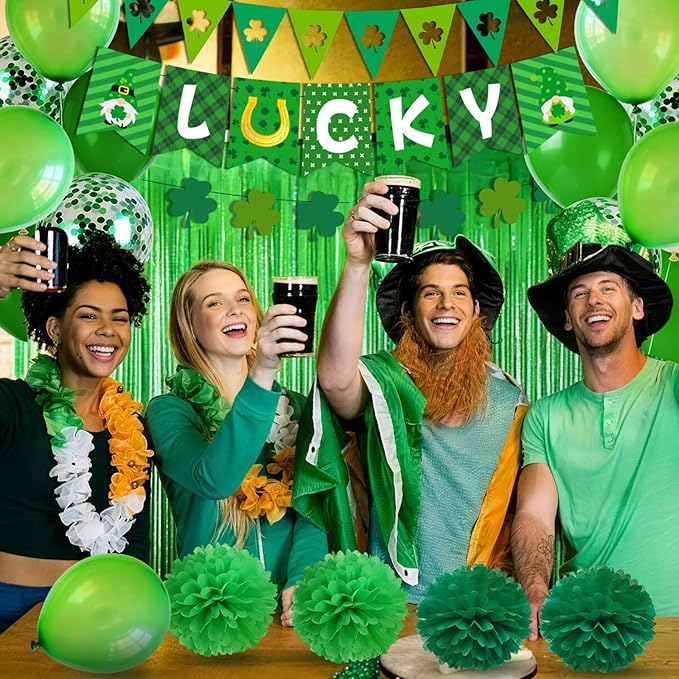 47Pcs St Patricks Day Decorations, St. Patrick's Day Decorations Kit Shamrock Lucky Banner Garlands Hanging Swirls Fringe Curtain for Home Irish St. Patrick's Day Decor
