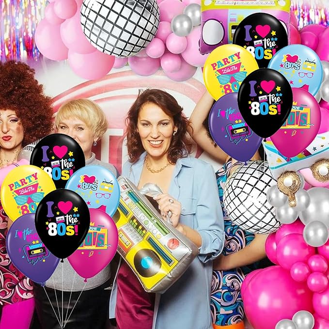 80s Party Decorations - 30 pack Back to the 80s Balloons for 1980s Theme Party Supplies | Retro Boombox Skate Balloons for 1980s Party Decorations Hip Hop Neon Party Decor