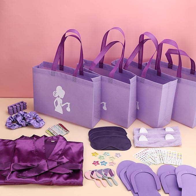 122 Pcs Purple Girls Spa Party Kit, 10-Pack Slumber Party Favors with Satin Robes, Tote Bags, and Nail Salon Accessories for Kids Spa Birthday, Halloween, Home Party Supplies