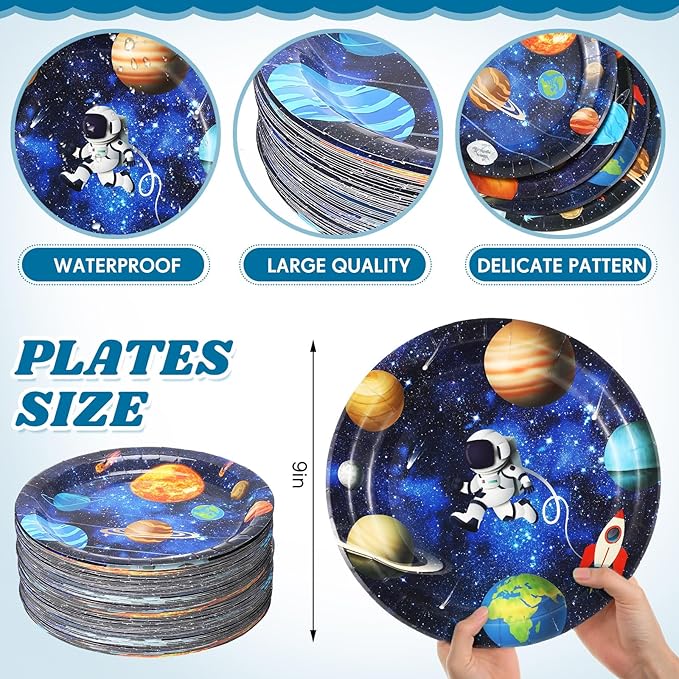 60 Pcs Space Theme Party Decorations 9 Inch Astronaut Outer Space Paper Plates Solar System Birthday Party Supplies for Kids Galaxy Planet Rocket Ship Theme Decoration