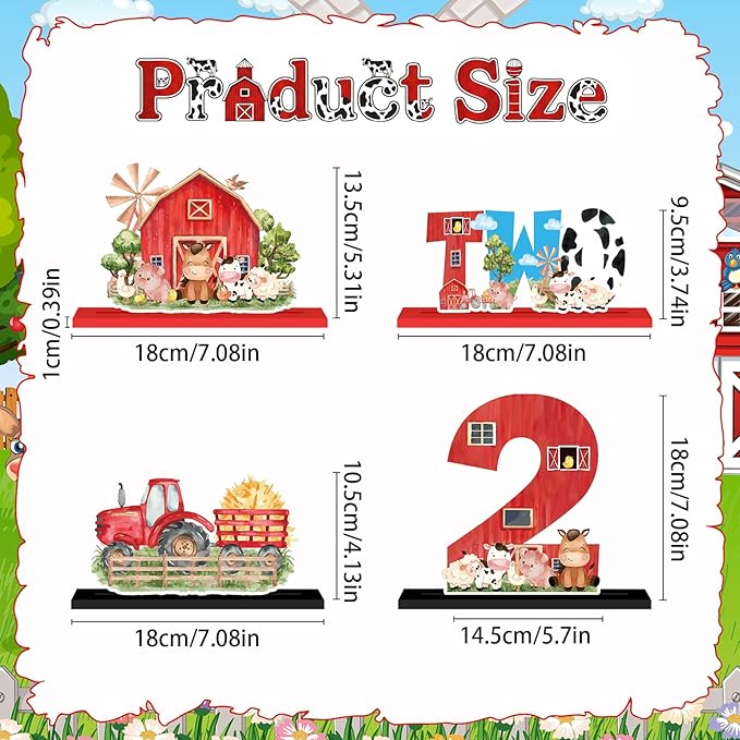 4Pcs Farm Animal 2nd Wooden Table Centerpieces Farm Barnyard Happy 2nd Birthday Table Sign Party Supplies for 2 Years Old Baby Shower Boys Girls Birthday Party Supplies Decor Photo Props Kids