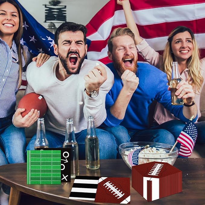 100 Pcs Football Napkins Football Party Decorations 4 Designs Sports Napkins Party Supplies for Sports Game Day Birthday Events Supplies Birthday Tailgate Decorations