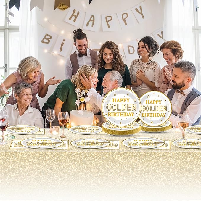 98PCS Happy Golden Birthday Party Supplies Happy Golden Birthday Paper Plates Napkins Tablecloths White Gold Dinnerware for Women Men Party Decorations for 24 Guests