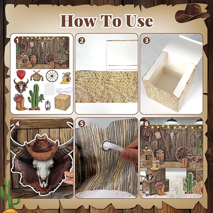 15 Pcs Western Cowboy Party Decorations Rustic Wooden House Barn Backdrop Wild West Hay Bales Boxes Trunk or Treat Car Decor for Halloween Farm Fall Harvest Thanksgiving Rodeo Birthday Party Supplies