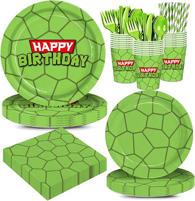 192pcs Turtle Birthday Party Supplies Turtle Plates Napkins Disposable Paper Cups Straws Cartoon Theme Party Decorations Tableware Set for Boys Kids Birthday Serves 24