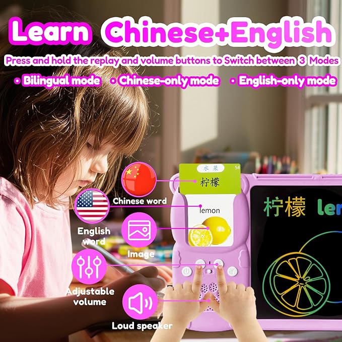 Drawing Tablet with Bilingual Flashcards for Kids - Chinese English Talking Flash Cards, LCD Writing Pad Board, Pocket Speech for Toddlers, Learning Toy Gift for Boys Girls (Chinese, Pink)