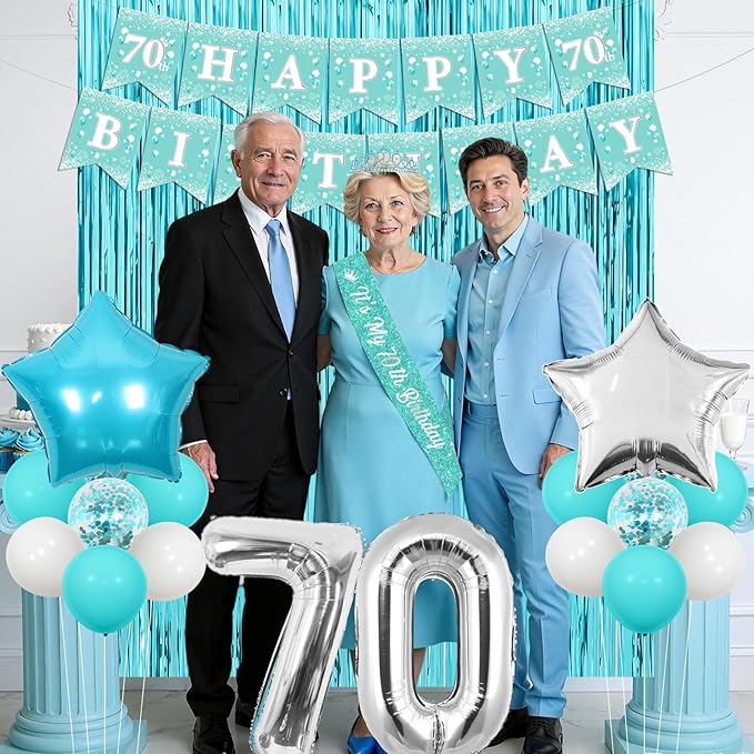 Funmemoir Teal 70th Birthday Decorations for Women, Happy 70th Birthday Party Banner Sash Tiara Balloons Foil Fringe Backdrop and Cake Topper, Teal Blue Theme 70 Years Old Party Supplies