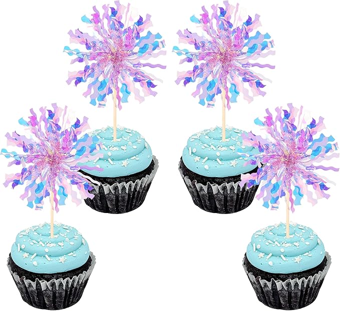 30 PCS Foil Firework Cupcake Toppers Sparkle Tinsel Cupcake Picks Happy Birthday Cake Toppers Drink Stirrers Cocktail Food Fruit Toothpicks for Baby Shower Birthday Party Decorations Supplies Purple