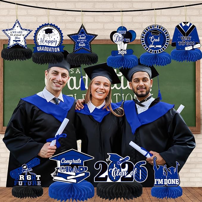 10PCS Graduation Party Decorations Class of 2026 Congrats Grad Table Centerpieces Congratulate Graduation Honeycomb Table Toppers for Graduation Party Supplies(Blue Black)