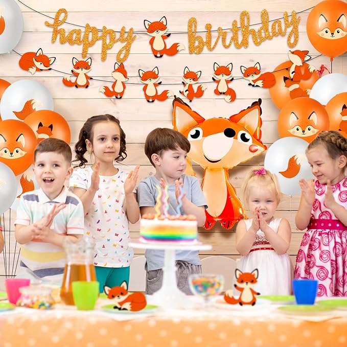 Lenwen 34 Pcs Jungle Animal Themed Party Decorations Cute Fox Birthday Party Supplies Include Farm Zoo Theme Banner, Balloons for Boy Girl Birthday Baby Shower Wedding Graduation