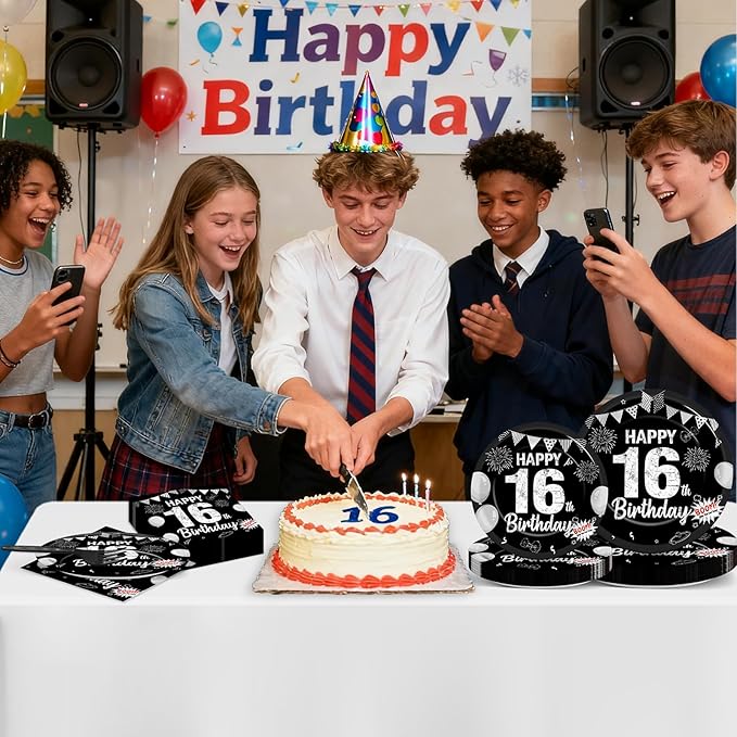 96PCS 16th Birthday Plates and Napkins Black Silver 16th Birthday Supplies for Boys and Girls Disposable Dessert Paper Plates Happy 16 Year Old Party Kids Birthday Gatherings Decorations