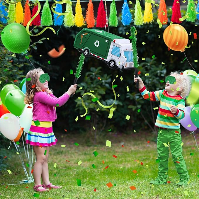 Garbage Truck Piñata 3D Trash Truck Birthday Decorations with a Blindfold and Bat for Kids Girls Boys Gift Holiday Piñata Party Baby Shower Supplies