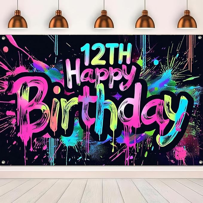 Neon 12th Happy Birthday Banner 71x43 Inch Paint Splatter Glow in The Dark Party Backdrop Colorful Wall Decor for Kids Boys Girls Twelfth Birthday Celebrations Photo Booth Props Event